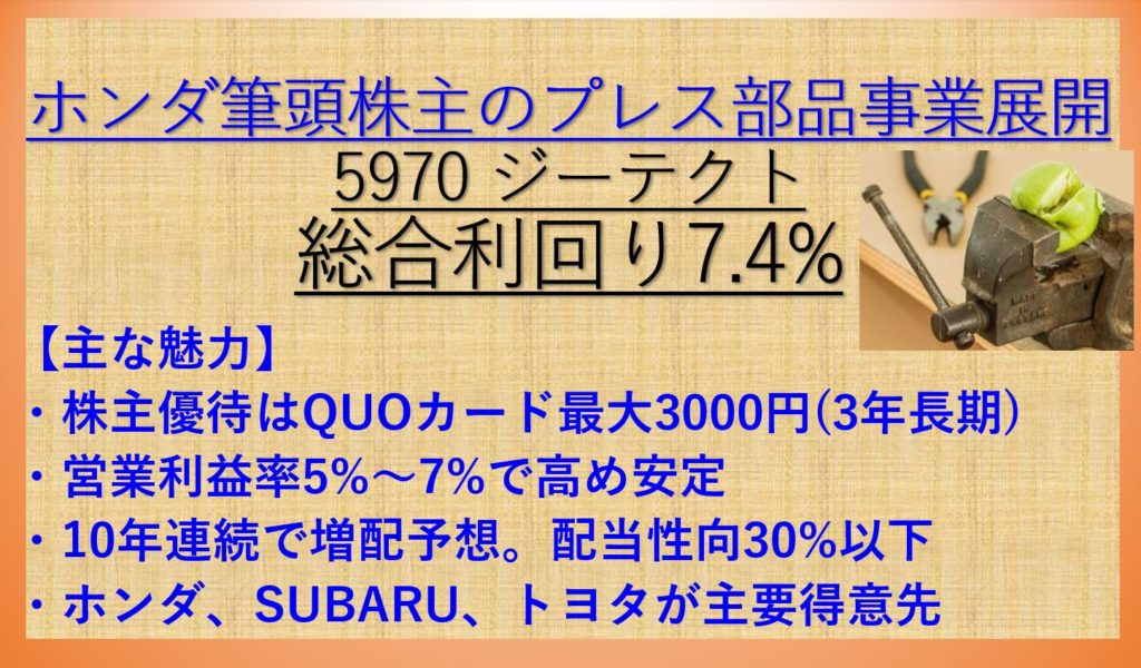 ジーテクト 5970 株主優待 Quoカード3000円 配当 優待利回り7 4 資産株お勧め ケン 投資家ランナーの投資 マラソン 固定費削減まとめ