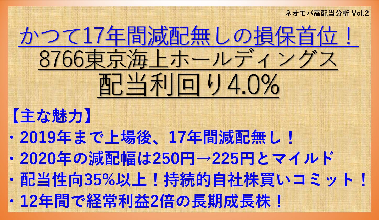 かつて17年非減配を継続 東京海上ホールディングス 8766 配当利回り4 0 ネオモバ高配当株分析2 ケン 投資家ランナーの投資 マラソン 固定費削減まとめ