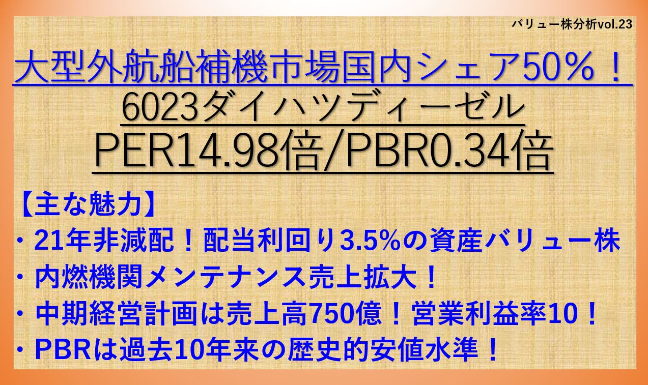 21年非減配のバリュー株 ダイハツディーゼル 6023 Per14 98倍 Pbr0 34倍 バリュー株分析 23 ケン 投資家ランナーの投資 マラソン 固定費削減まとめ